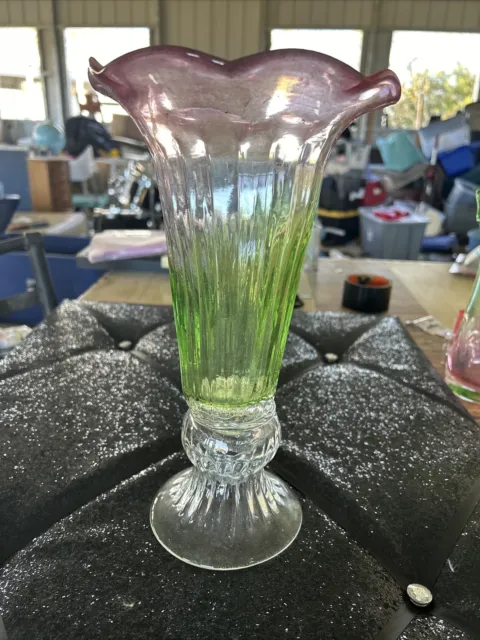 Vintage Hand blown Watermelon Glass 12” Vase. Very Heavy.