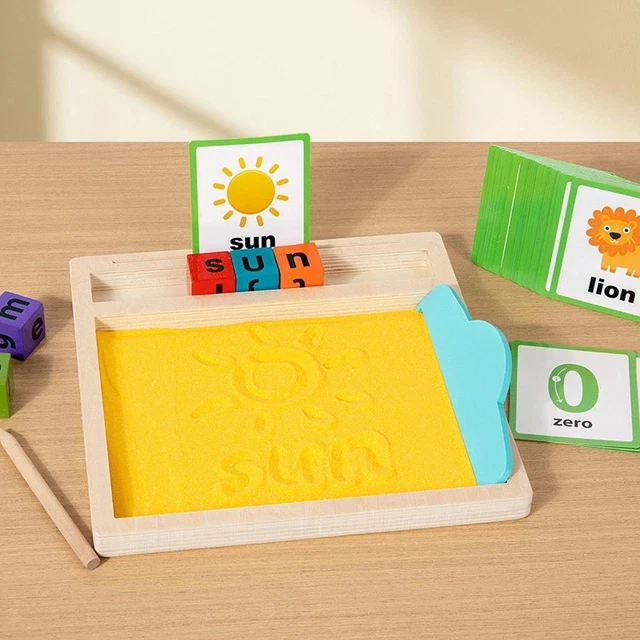 Plateau à sable Montessori en bois, plateau d'apprentissage en 2 parties avec porte-cartes, plateau d'écriture et de sable Waldorf pour développer la motricité fine. À partir de 4 ans. - France