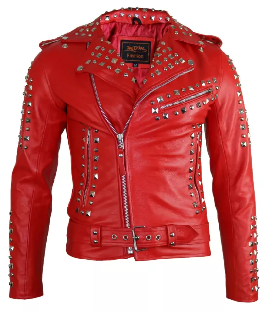 Herren Lederjacke Nietenverzierung Motorrd Biker Rocke Jacke Rockerilly Leder