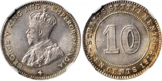 1919 Silver Small Coin 10 Cents Straits Settlement Malaya George V England MS 64