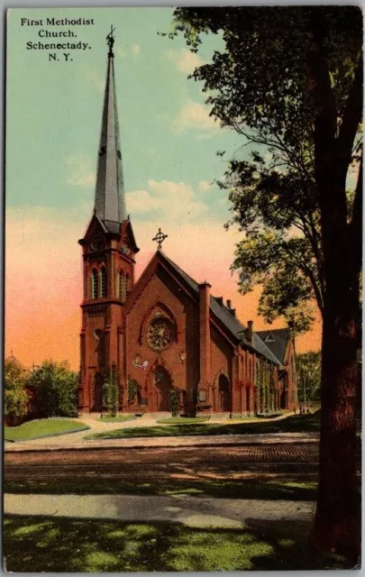 1910s Schenectady, New York Postcard "First Methodist Church" Street View UNUSED