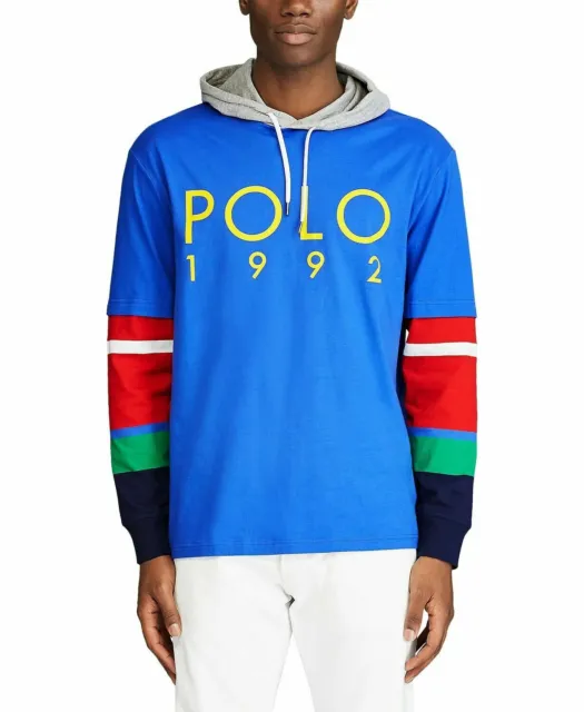 Polo Ralph Lauren Blu Reale 1992 Colorblock Logo Grafico Felpa T-Shirt Nuovo