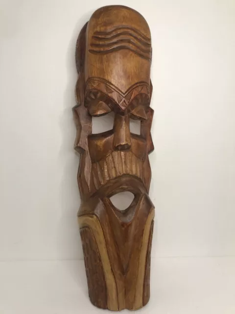 Handcarved XL Wood Tribunal Ceremonial Prayer Mask Wall Art 24” Tx 7.5”W
