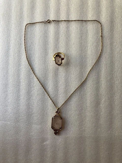 Vintage Avon Pink Camphor Glass Ring & Necklace Deco Victorian Revival Gold Tone