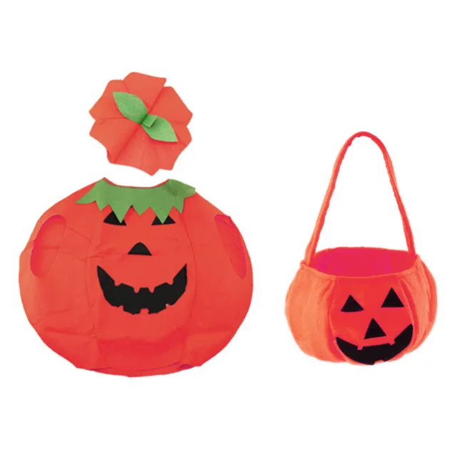 Halloween Pumpkin Costume Suit Outfit Dress Up Clothes With Bag for Kid Photo