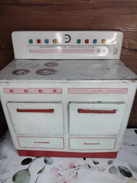 Vintage 1950’s WOLVERINE Tin Lithograph Toy Stove Oven Range Kitchen Red White