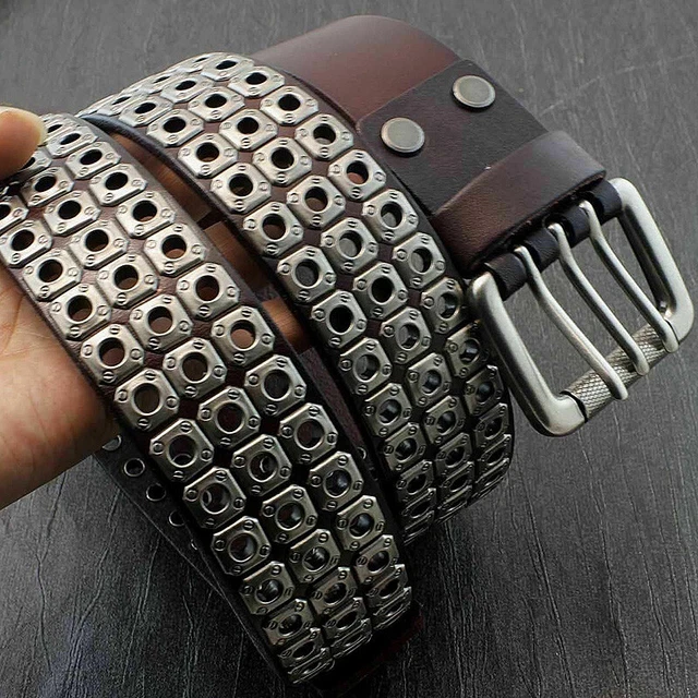 Men Genuine Leather Belt Punk Gothic Studded Belt Rock Rivet Buckle Waistband