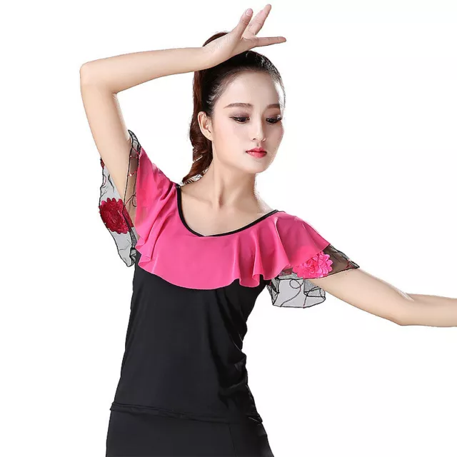 Women Latin Dance Blouse T-shirt Top Ballroom Salsa Tango Ruffle Practice Slim