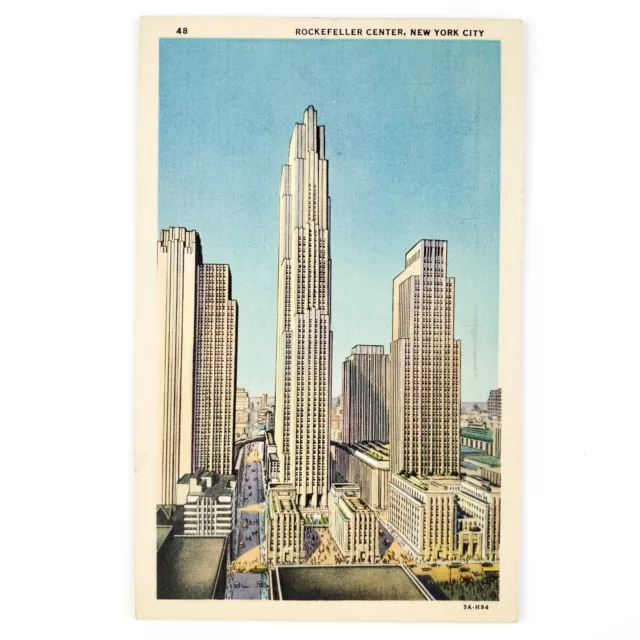 NEW YORK ROCKEFELLER Center Postcard 1930s City Skyline Street Linen