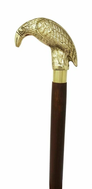 Canne de marche en laiton avec manche en corbeau - Bâton en bois de l'époque victorienne pour grand-mère - France