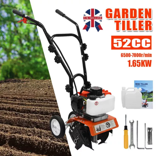 52CC Heavy Duty Petrol Rotovator Tiller Cultivator Rotavator Garden Soil 2Stroke