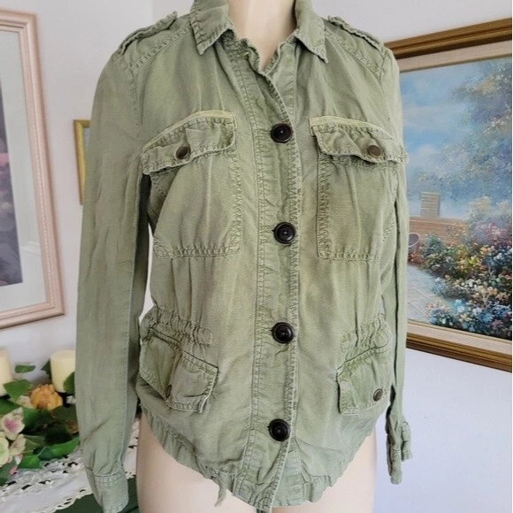 Gap Light Muted Green Linen Distressed Grunge Millitary Inspired Anorak Jacket