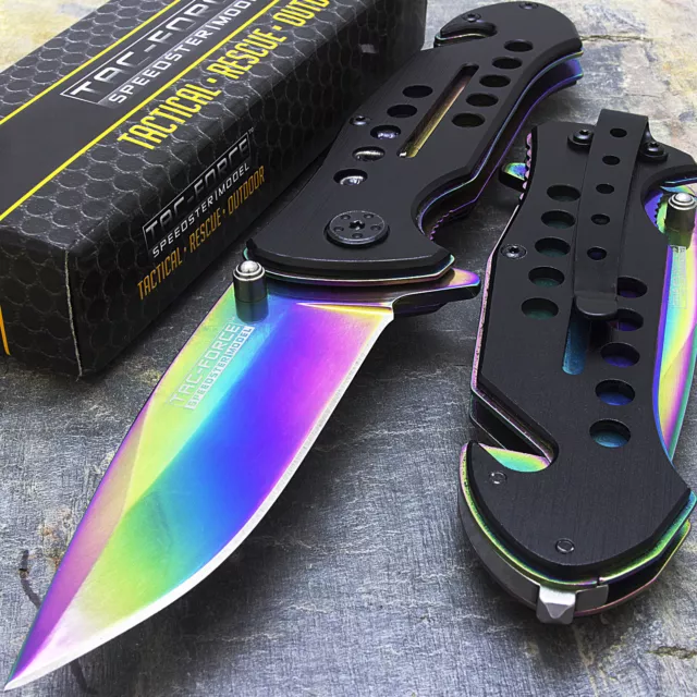 8" TAC FORCE RAINBOW SPRING ASSISTED FOLDING KNIFE Blade Pocket Tactical Open