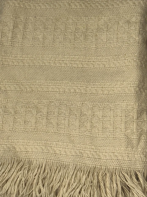 Vintage Pendleton Virgin Wool Throw Blanket 62x76 Beige Ivory Self Fringe