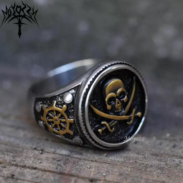 Viking Double Knife Skull Ring. Stainless Steel Men's Vintage Pirate Seal Ring 3