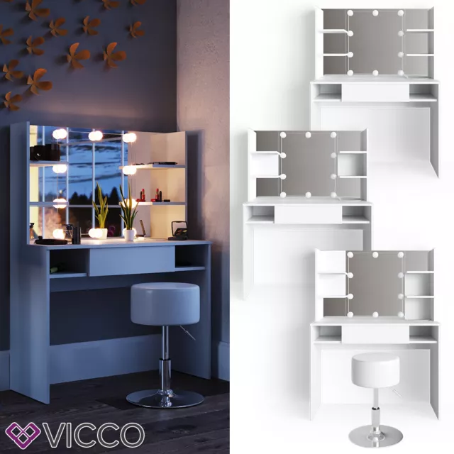 Coiffeuse LED VICCO DAENERYS blanche, table de maquillage, commode, miroir