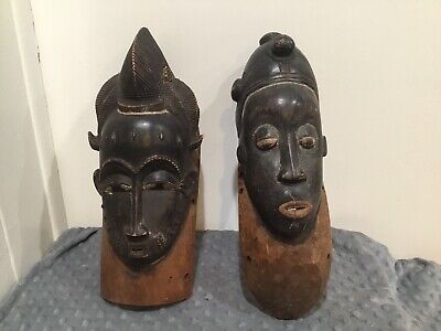 Vintage Wooden African Tribal Mask Figure Hand Carved Wall Decor Lot Of 2 15”