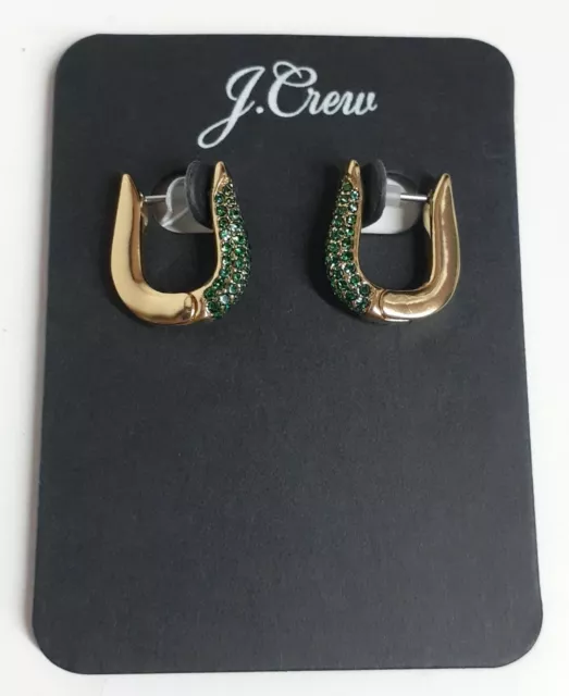 J.Crew Oblong Pave Hoop Earrings Dark Spruce Green Gold Plated New with Tag