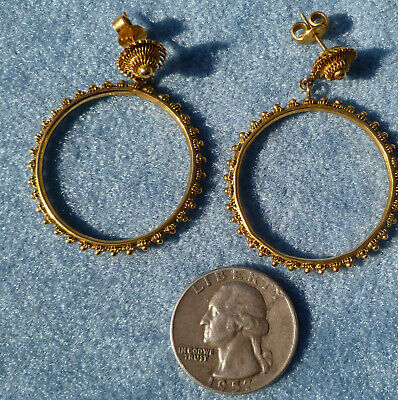 14K Gold Hoop Dangle Earrings Kingdom of Laos Vintage Etruscan Revival