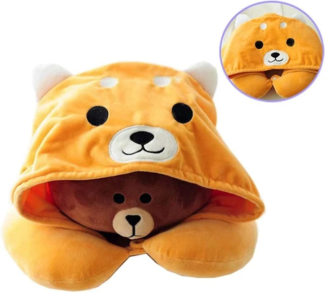 Inu Plush Hooded U Shaped Travel Sleep Pillow Neck Support Head Cushion Yellow