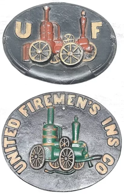 United Firemans Insurance Co Cast Iron Wall Plaque Lot of 2 Vtg Old Heavy