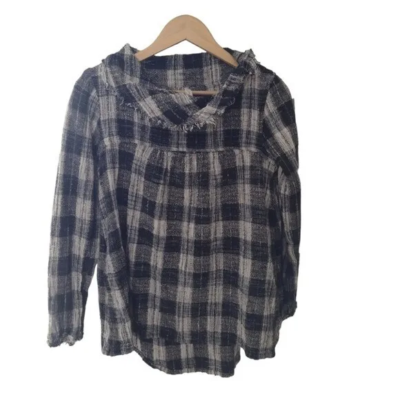 Free People Walk In The Park Swing Top Size Small Black Plaid Boho Pockets