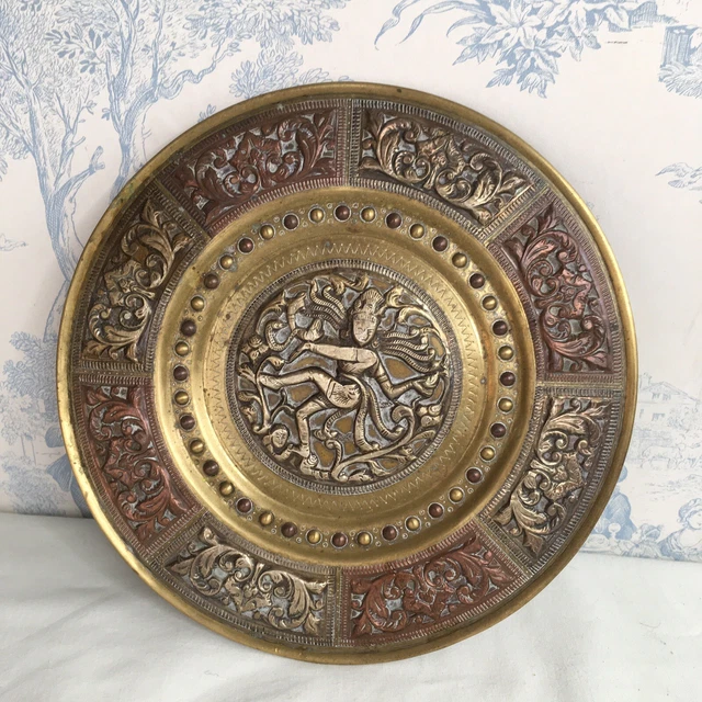 Brass Engraved Dish Handcrafted Hindu God Wall Hanging Plate Religious Deity