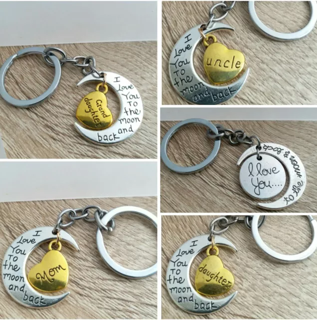 Personalised Moon Pendant Keyring/Necklace Engraved Heart Mom,Dad,Son,Aunt,Uncle