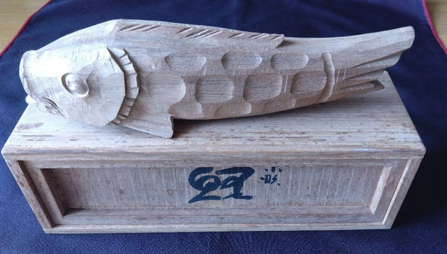 Carp Wood Carving Sculpture Japanese Statue Figurine 11.4 in width sign Ichimu