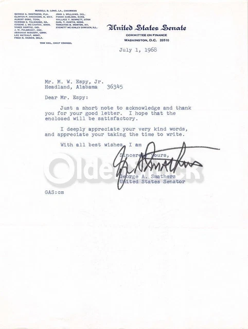 George Smathers Florida Senator Vintage Autograph Signed Letter 1968