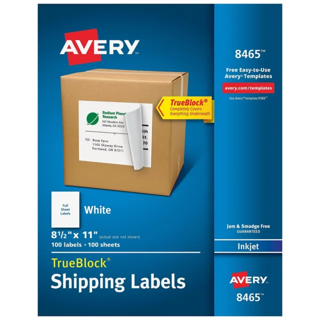 Avery Full-Sheet Labels with TrueBlock Technology Inkjet 8 1/2 x 11 White