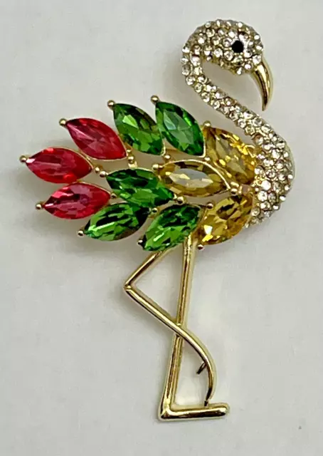 Flamingo Birds Crystal Glass Rhinestone Brooch Pin Multicolor Vintage Gold Tone