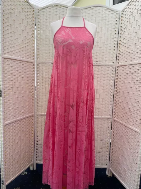 Bright Pink Lace Maxi Pleated Summer pretty Over Dress Size 10-12========