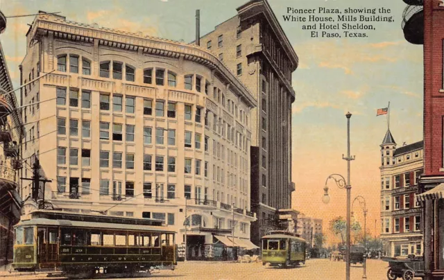 El Paso TX Texas Pioneer Plaza White House Hotel Sheldon McCoy Vtg Postcard A39