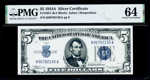 $5 1934A Silver Certificate Fr#1651(KA Block) PMG 64 Choice Uncirculated