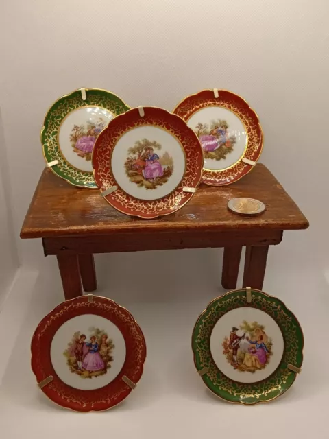 Limoges set piatti in miniatura di SA Castel anni '50-60 Fragonard bordeaux/vert