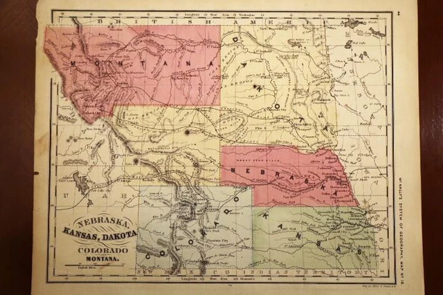 1872 Rare Antique Mcnally Atlas Map-Nebraska, Kansas, Dakota, Colorado, Montana