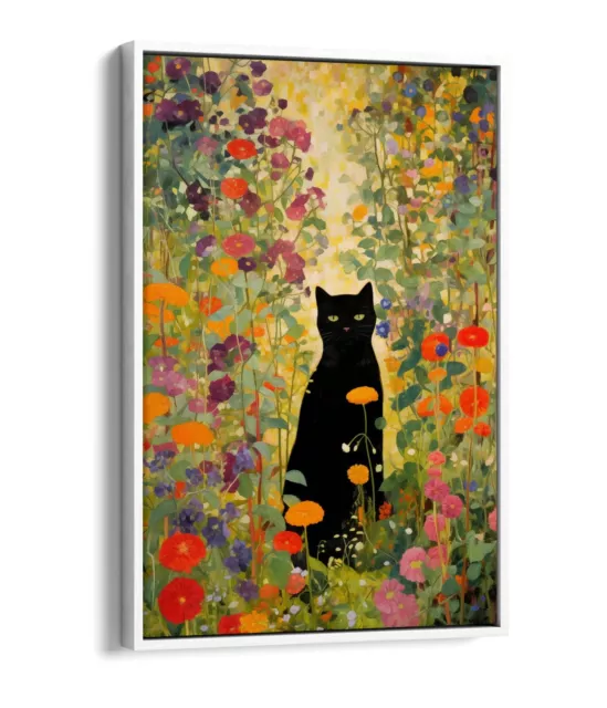 Gustav Klimt Black Cat In Flowers -Float Effect Framed Canvas Wall Art Print