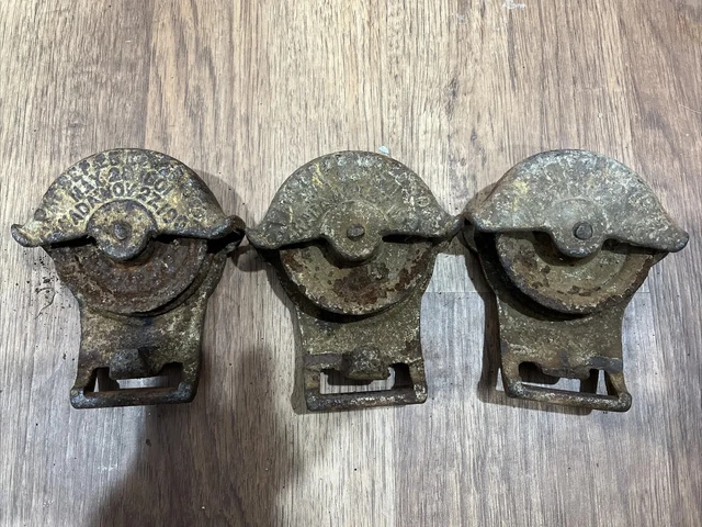 3 Vintage Barn Door Rollers Cast Iron Sliding Hardware F E Myers Stay On 1801 2