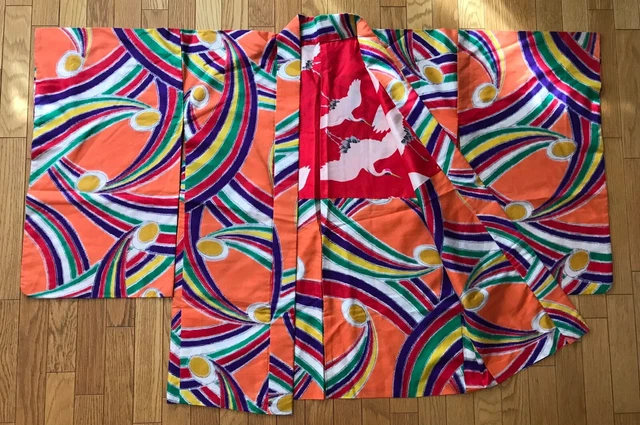 Vintage Japanese Kimono  Silk Meisen Haori Orange Colerful