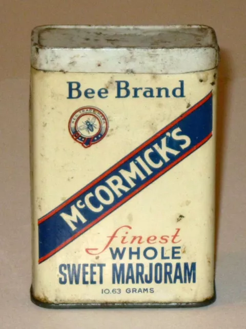 Antique 1936 McCORMICK's Bee Brand WHOLE SWEET MARJORAM Advertising Tin w Spice!