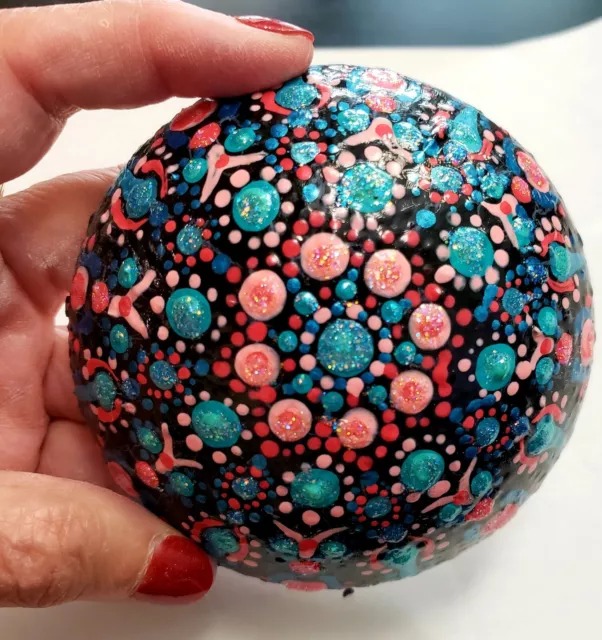 Hand Painted Rock Mandala  Stone 5" diameter.  Turquoise and Pink Mandala