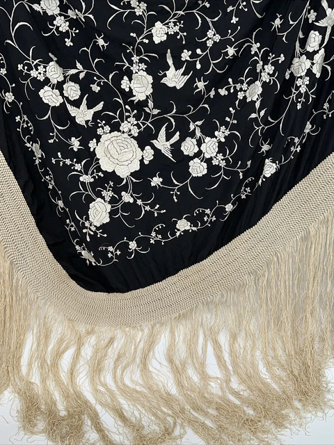 Large Antique Chinese Silk Embroidered Shawl White on Black Canton Fringe Birds