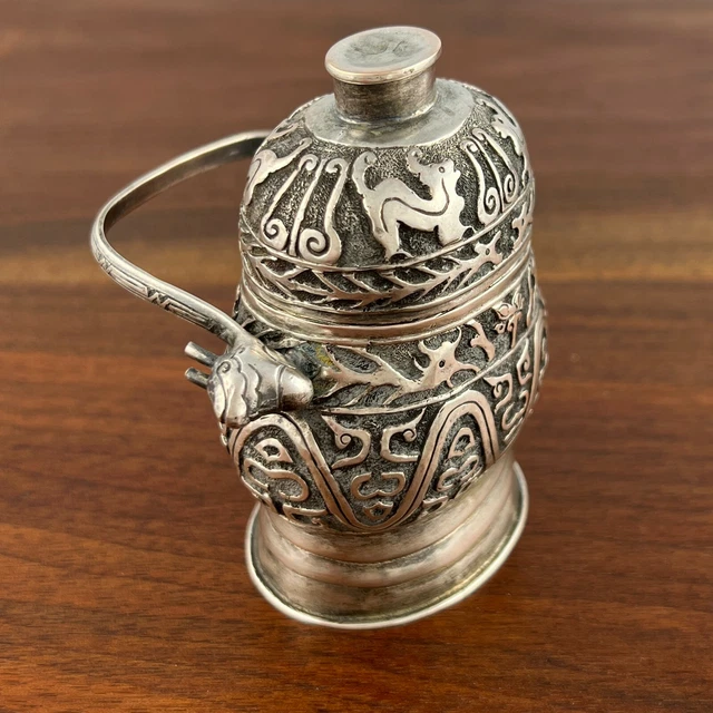 Exotic Asian Maker Silver Betle Box Cow Head Handles With Snakes & Dogs Signed