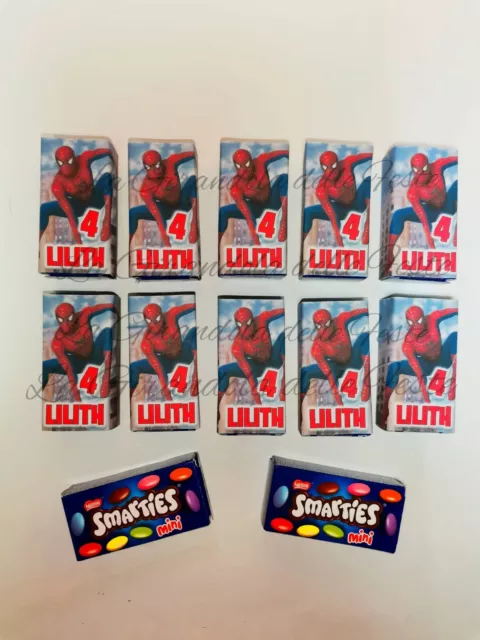 20 SMARTIES SPIDERMAN CON NOME Festa Base GADGET COMPLEANNO Tavola regali addob