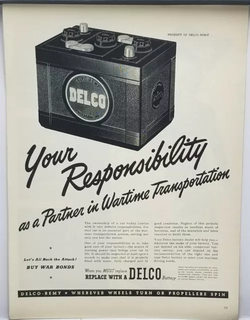 1944 Delco Remy Batteries Partner In Wartime Transportation Vintage Print Ad