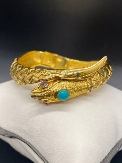 Fantastic Vintage Unsigned Gold Tone Turquoise & AB Stones SNAKE Hinged Bracelet