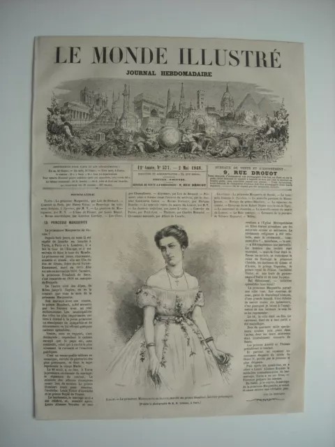 Gravure 1868. Princesse Marguerite De Savoie, Mariee Au Prince Humbert, Heritier