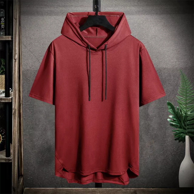 Mens With Hood Short Sleeve Hoodies Hip Hop T shirt Streetwear Patchwork T Shirt