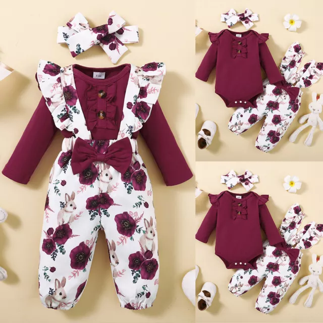 Newborn Baby Girls Floral Ruffle Tops Pants Clothes Set Jumpsuit Romper Outfits